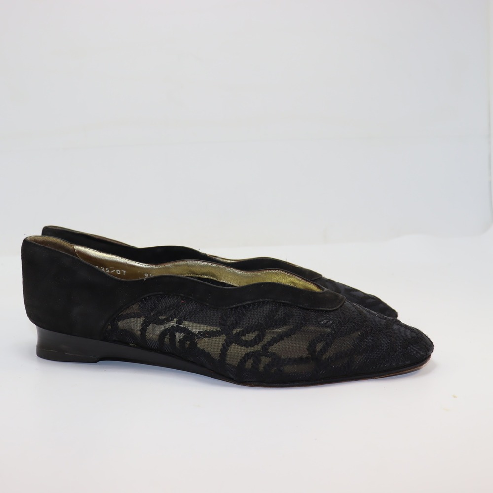 Joan & David Lace Mesh Flats 9.5 Black Womens Suede Evening Shoes